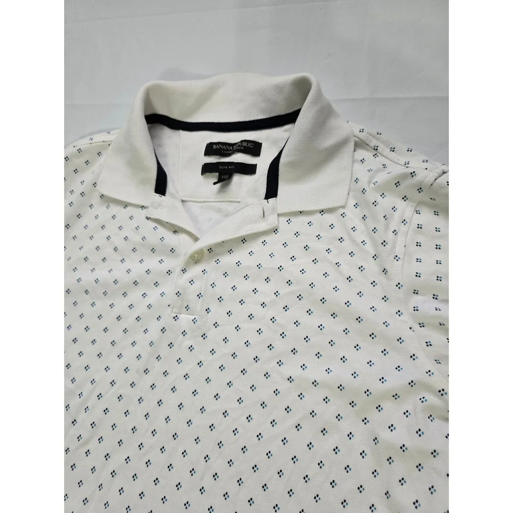 Banana Republic Luxury Touch Polo Shirt XXS Slim Fit White Blue Diamond Print